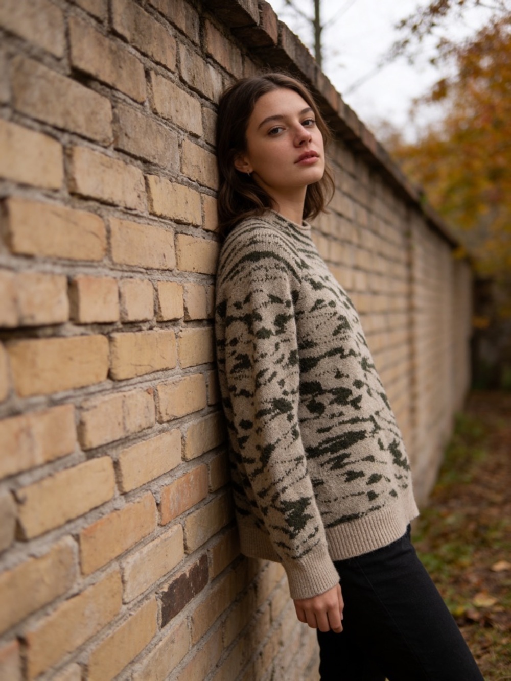 Madewell Beige and Olive Patterned Crewneck Sweater